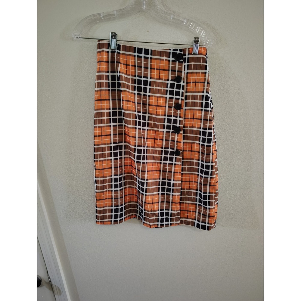 Romwe Orange Plaid Button Front Faux Wrap Pencil Skirt Small NWT